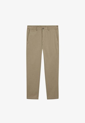 Beige Chinos aus Baumwolle, mit flacher Vorderseite, normalen Taschen und Reißverschluss mit Knopfverschluss. Glatte Textur und taillierte Passform.
