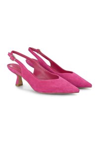 Talons hauts en suède rose avec un bout pointu et un petit talon bloc. Les caractéristiques notables incluent une empeigne découpée et une sangle réglable.