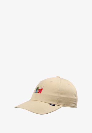 Beige baseball cap with embroidered red and green butterfly design on front and "DJINNS" label on the brim's edge.