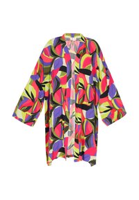 Flerfärgad kimono med överdimensionerade ärmar, prydd med ett djärvt mönster av rosa, gröna, lila och svarta former på en livlig bakgrund.
