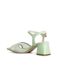 Sandali con tacco verde dal design in rete, con punta aperta e tacco spesso. Presentano una cinghia attorno alla caviglia e una finitura liscia.