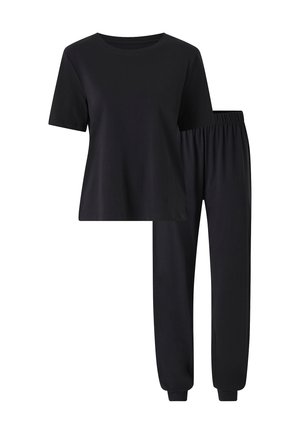 Zwart katoenen t-shirt met ronde hals en korte mouwen, gecombineerd met zwarte joggers met elastische taille en geribbelde manchetten.