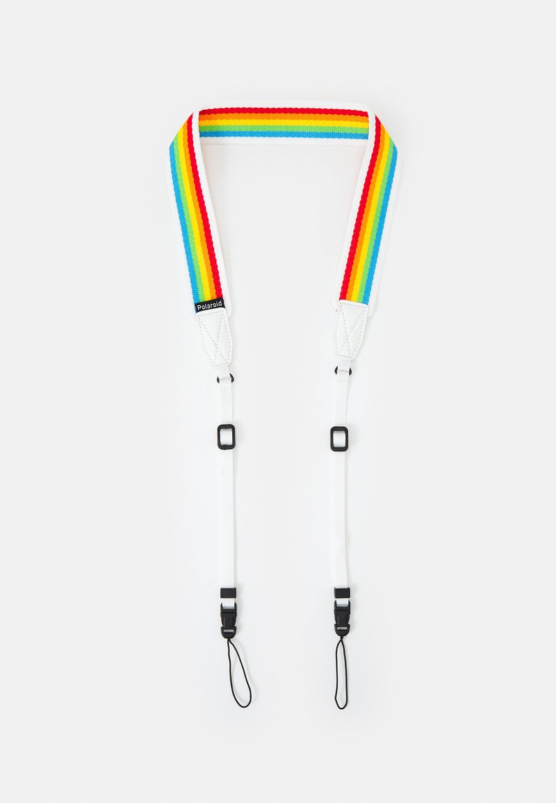 Colorful, woven camera strap featuring red, yellow, green, and blue stripes, with white ends and black adjusters for length customization.
