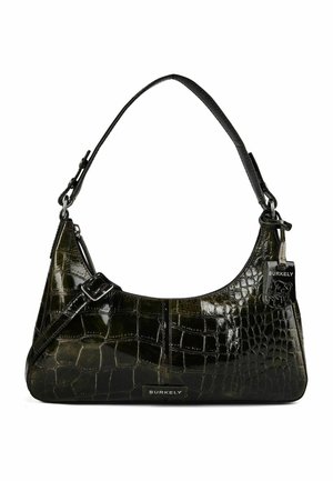 Bolso bandolera de cuero negro brillante con textura de cocodrilo, correa ajustable y etiqueta de la marca Burkely en la parte delantera.