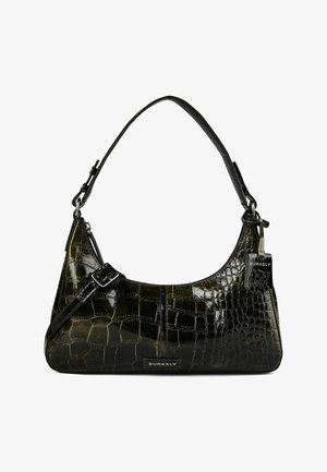 Sac à bandoulière en cuir noir brillant avec texture crocodile, bandoulière réglable et étiquette de marque Burkely à l'avant.