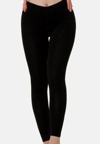 Leggings neri realizzati in un tessuto liscio e elastico. Presentano una vita elastica e un design aderente che si estende fino alle caviglie.