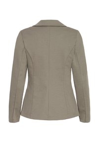 Maßgeschneiderter Blazer in hellem Taupe, mit Reverskragen, strukturierten Nähten, langen Ärmeln und einem glatten, strukturierten Stoff.