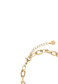 Gouden kettingarmband met vergrendelende ovale schakels, een kreeftsluiter en een verstelbare ketting voor lengteaanpassing.