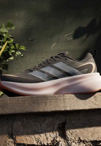 Μαύρο και γκρι αθλητικό παπούτσι Adidas με λευκή σόλα σε πέτρινη επιφάνεια, φωτισμένο από ηλιακό φως με φυτό και σκιά στο φόντο.