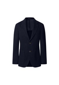 Marineblazer aus strukturiertem Wollstoff, mit aufgeschlagenem Revers, zwei vorderen Taschen und zwei Knöpfen zum Schließen. Keine Innendetails sichtbar.