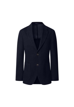 Marineblazer aus strukturiertem Wollstoff, mit aufgeschlagenem Revers, zwei vorderen Taschen und zwei Knöpfen zum Schließen. Keine Innendetails sichtbar.