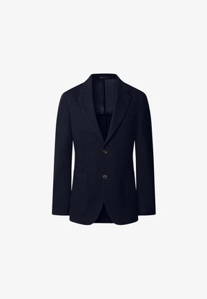 Marineblazer aus strukturiertem Wollstoff, mit aufgeschlagenem Revers, zwei vorderen Taschen und zwei Knöpfen zum Schließen. Keine Innendetails sichtbar.