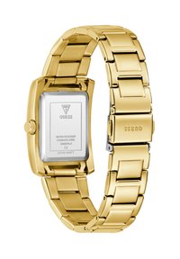Gold stainless steel watch with a rectangular case, linked band, and a silver-colored back displaying the brand and specifications.