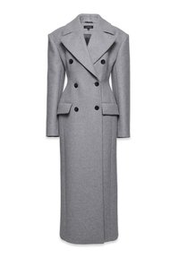 Szary wełniany płaszcz dwurzędowy z dużymi klapami, dwoma bocznymi kieszeniami i sześcioma czarnymi guzikami. Dopasowany krój z długą sylwetką.