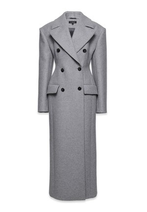 Sivý vlnenný dvojradový kabát s veľkými klopami, dvoma bočnými vreckami a šiestimi čiernymi gombíkmi. Krojovaný dizajn s dlhým siluetom.