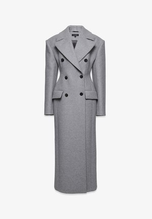 Szary wełniany płaszcz dwurzędowy z dużymi klapami, dwoma bocznymi kieszeniami i sześcioma czarnymi guzikami. Dopasowany krój z długą sylwetką.