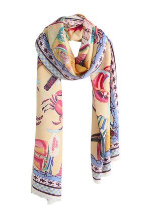 Lichtbeige sjaal met kleurrijke nautische illustraties inclusief krabben, boten en visnetten, afgezet met een blauw geruit en vispatroon.