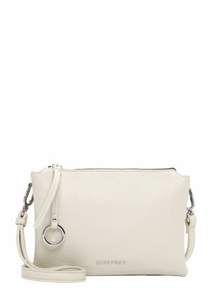 White leather crossbody bag with silver ring detail, zipper closure, and adjustable strap, branded "SURI FREY" on the front.