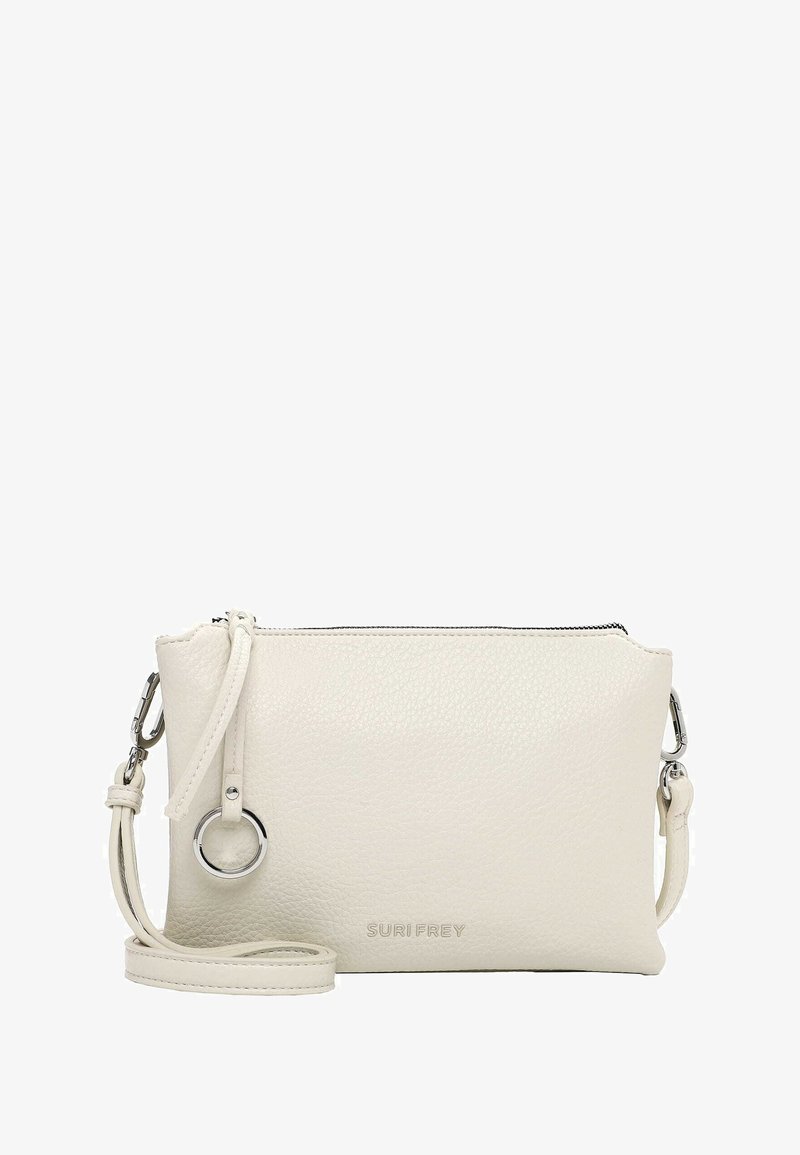 White leather crossbody bag with silver ring detail, zipper closure, and adjustable strap, branded "SURI FREY" on the front.
