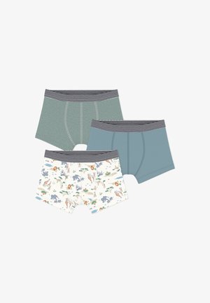 Kolm paari bokserpükse: üks rohelistes ja mereväesinistes triipudes, üks ühtlase teal-sinise värvusega ja üks mitmevärvilise loomamustriga valgel taustal.