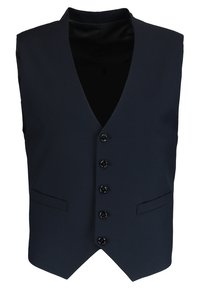 Marineblaue Weste mit V-Ausschnitt, sechs Knöpfen und zwei Seitentaschen, aus glattem Stoff mit einer einfarbigen Textur.