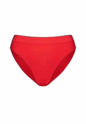 Czerwone damskie majtki typu high-cut z elastyczną talią i gładką tkaniną, prezentowane na białym tle.
