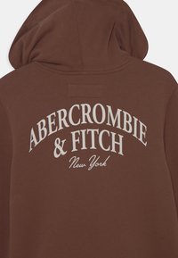 Hoodie marrone con una grande grafica bianca con il testo "ABERCROMBIE & FITCH" e "New York" sul retro, dal design rilassato e tessuto texturizzato.