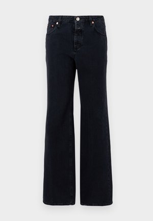 Jeans de mezclilla negra con un diseño de pierna ancha, que cuentan con un cierre de botón, cinco bolsillos y sutiles detalles de costura.