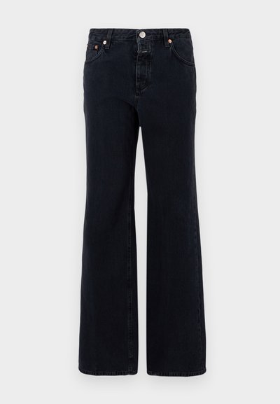 Svart denimjeans med bred ben-design, med knappestengning, fem lommer og subtile sømdetaljer.
