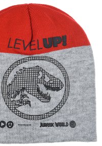 Beanie lavorato a maglia rosso e grigio con testo "LEVEL UP!". Presenta un grafico circolare di un dinosauro in nero, con tessuto testurizzato e a coste.