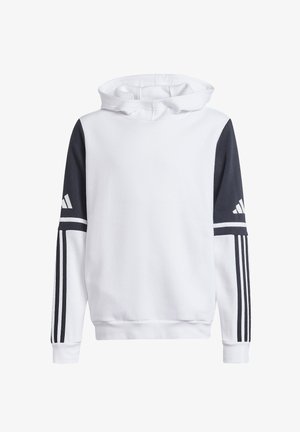 Felpa con cappuccio bianca con maniche superiori grigio scuro caratterizzate da tre strisce bianche e logo Adidas su ogni braccio.