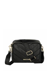 Borsa a tracolla nera trapuntata con finiture dorate, dotata di chiusura a zip e tracolla regolabile. Il materiale è ecopelle con una superficie liscia.
