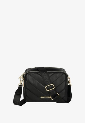 Schwarze gesteppten Crossbody-Tasche mit goldenen Beschlägen, ausgestattet mit einem Reißverschluss und einem verstellbaren Trageriemen. Material ist Kunstleder mit einer glatten Textur.