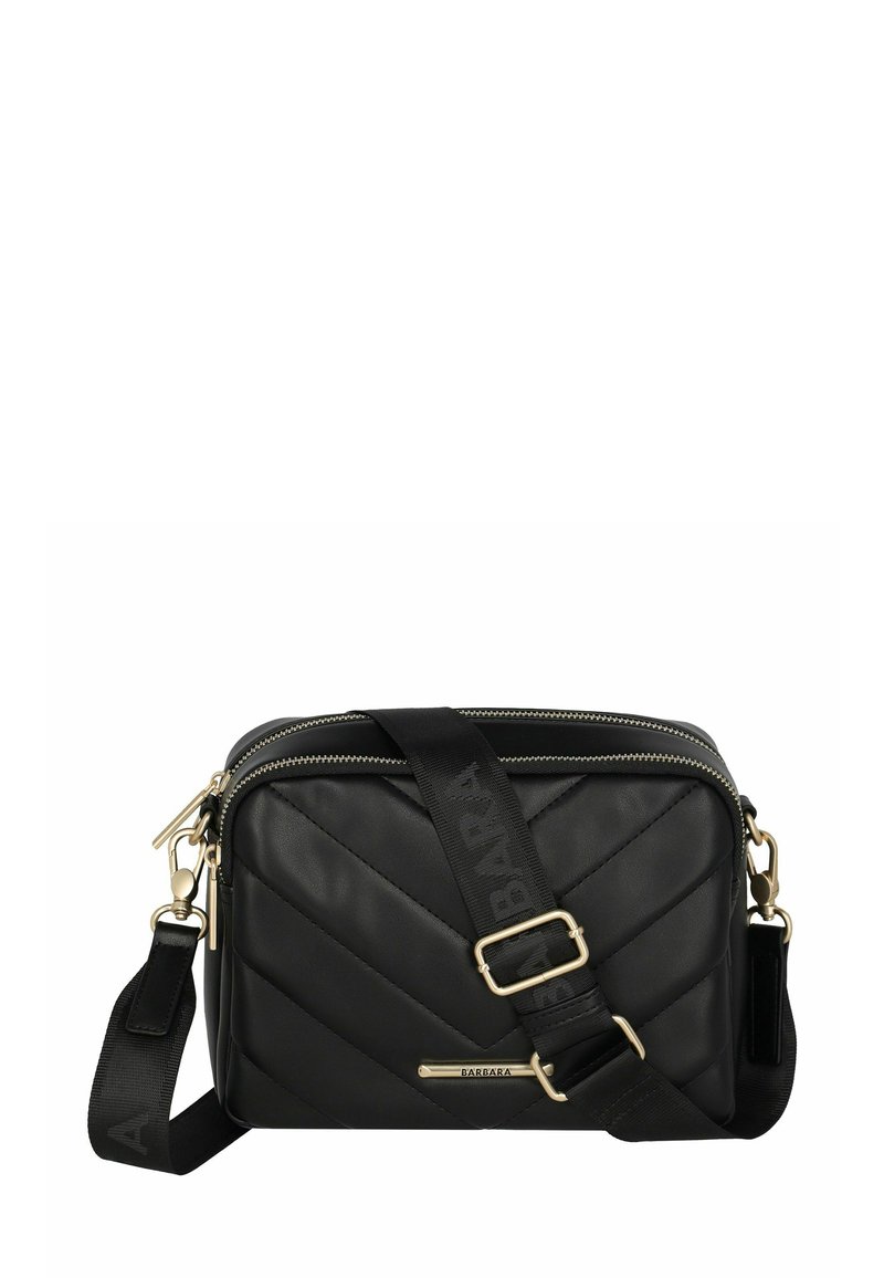 Borsa a tracolla nera trapuntata con finiture dorate, dotata di chiusura a zip e tracolla regolabile. Il materiale è ecopelle con una superficie liscia.