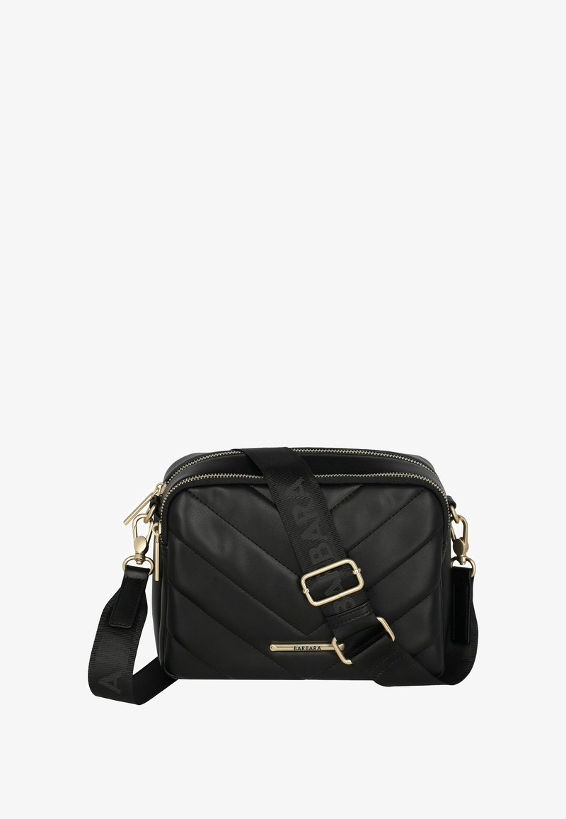 Borsa a tracolla nera trapuntata con finiture dorate, dotata di chiusura a zip e tracolla regolabile. Il materiale è ecopelle con una superficie liscia.