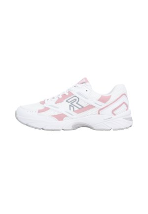 Weißer Sportschuh mit pinken Akzenten, Obermaterial aus Mesh, strukturierten Einsätzen, gepolsteter Sohle und Schnürsystem; mit Logo an der Seite.