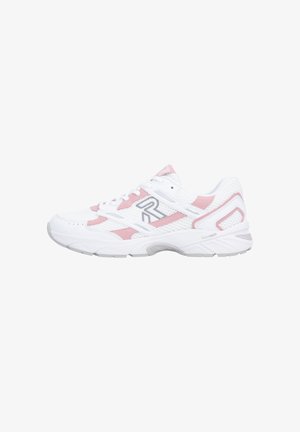 White athletic shoe with pink accents, mesh upper, textured panels, cushioned sole, and lacing system; features logo on side.