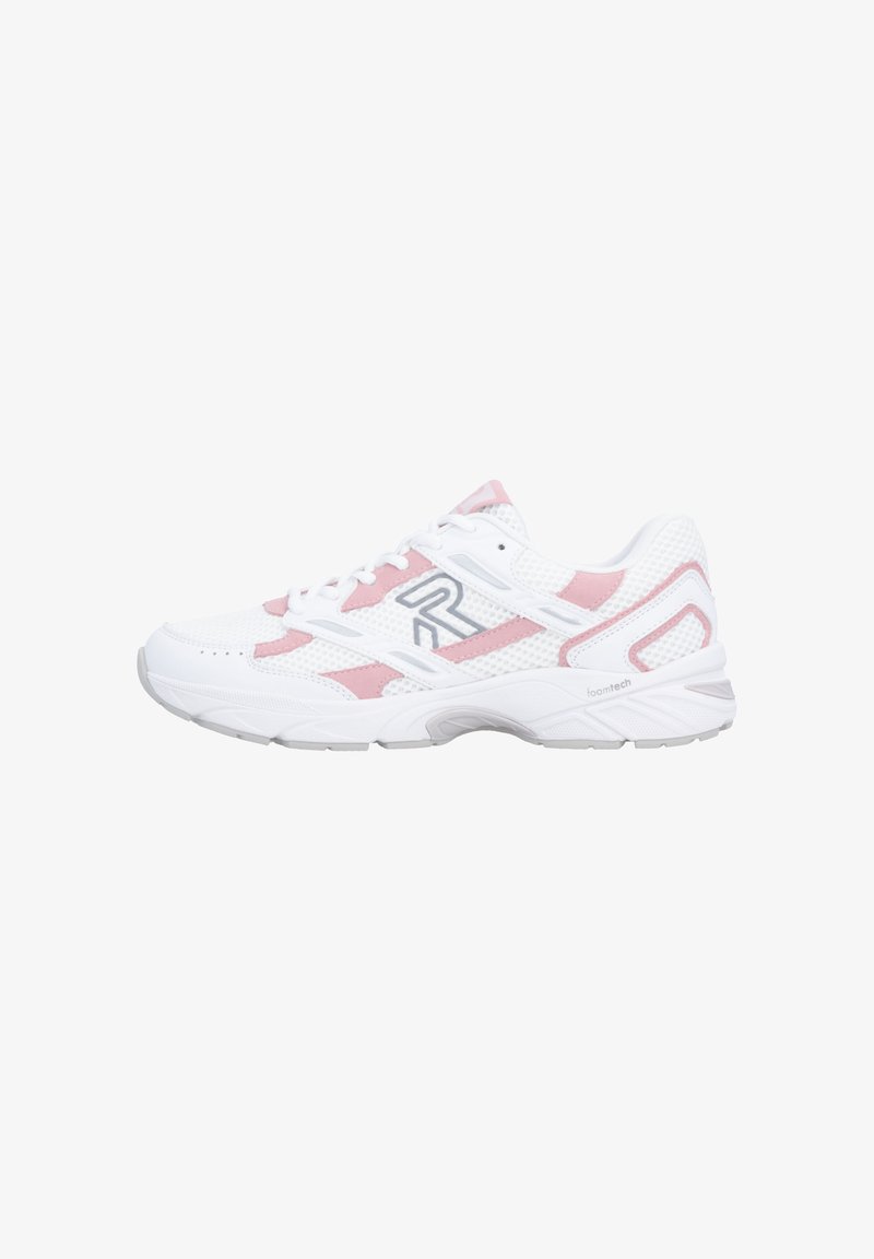 White athletic shoe with pink accents, mesh upper, textured panels, cushioned sole, and lacing system; features logo on side.