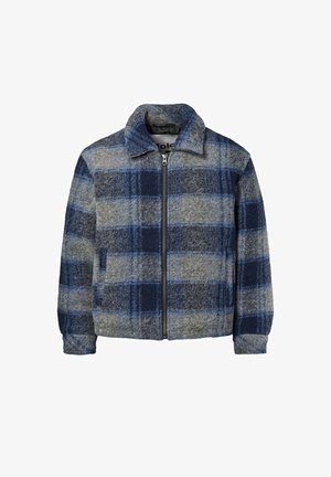 Wollen jas met blauw-grijs ruitpatroon, rits aan de voorkant, kraag en zijzakken, getoond op een witte achtergrond.