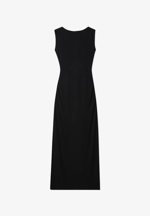 Zwarte mouwloze maxi-jurk met een ronde halslijn, gedrapeerde details aan de zijkanten en een gladde, rekbare stof voor een comfortabele pasvorm.