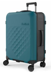 Valise rigide en teal avec une surface texturée en diamant, accents noirs, poignée télescopique et quatre roues noires pour la mobilité.