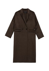 Bruine wollen overjas met een opstaande kraag, dubbele knopen, twee voorzakken en een getailleerd silhouet. Heeft lange mouwen en minimale accenten.