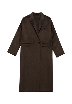 Bruine wollen overjas met een opstaande kraag, dubbele knopen, twee voorzakken en een getailleerd silhouet. Heeft lange mouwen en minimale accenten.