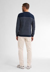 Pulover cu dungi navy și dungi orizontale crem, cu tiv și manșete ribbate, purtat cu pantaloni de culoare crem și adidași gri. Văzut din spate.