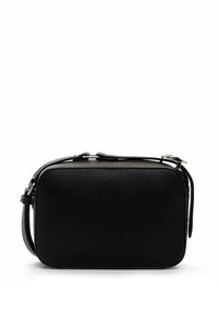 Black leather crossbody bag with a textured finish, rectangular shape, zip closure, and adjustable strap. Minimalist design, no visible logos.