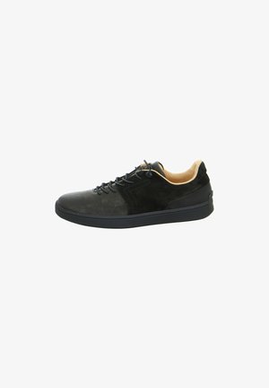 Black leather and suede sneaker featuring a round toe, contrasting tan lining, and textured detailing on the upper. Lace-up closure.