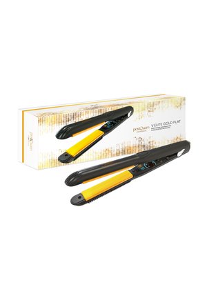 Piastra per capelli professionale nera e gialla con display digitale accanto alla sua scatola bianca e dorata etichettata V Elite Gold Flat.