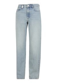 Jean droit taille haute bleu clair avec poches avant, fermeture à boutons et passants pour ceinture, présenté sur un fond blanc.