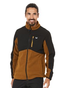Fleecejacka med svart övre del och brun nedre del. Har hög krage, ficka med dragkedja och logotyp på vänster bröst.