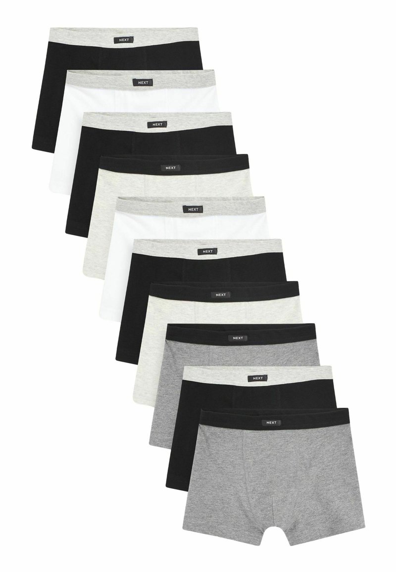 Tien paren van stretchkatoenen boxershorts in zwart, wit en grijs. Elk paar heeft een grijze elastische tailleband met een merklabel.